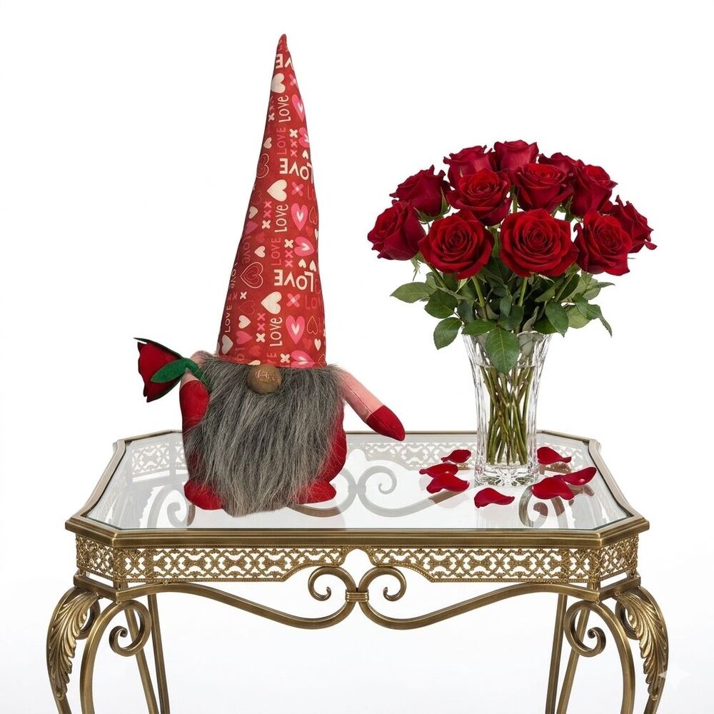 Kirkton House Valentine's Gnome Figurine Large Red Canvas Rose 19in Home Decor